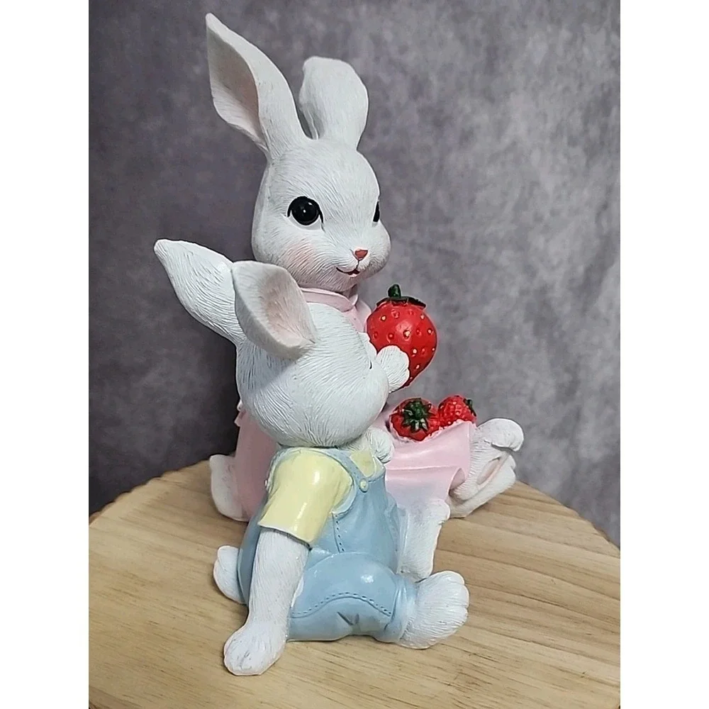Easter Bunny Rabbit Momma and Baby Bunny With Strawberries Figure Figurine Resin